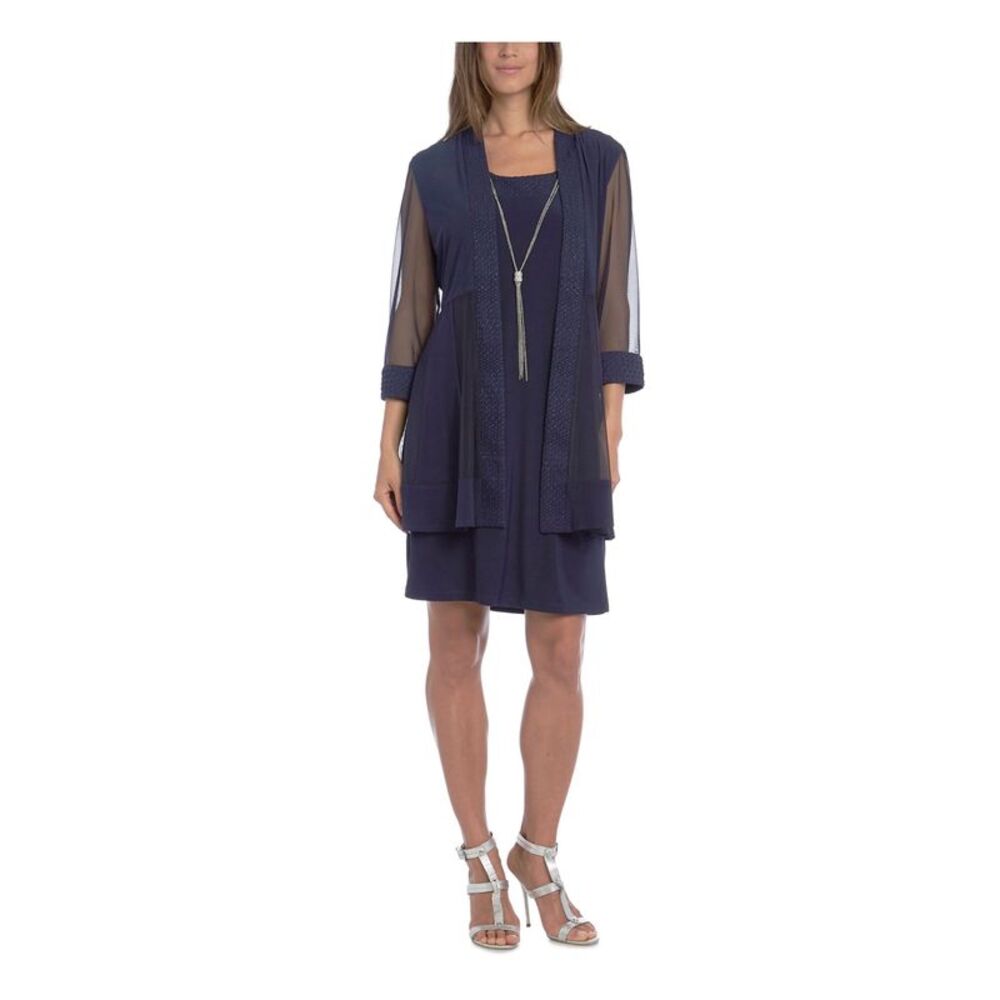 R&M RICHARDS PETITE Womens Navy 3/4 Sleeve Open Front Cardigan Petites 14P
